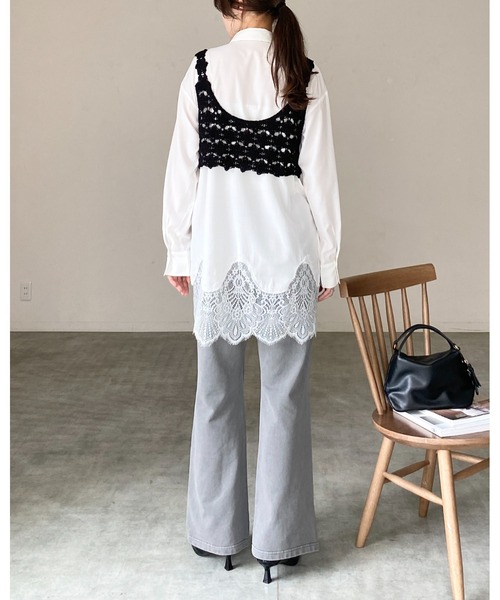 She's Closet ベスト ジレ ショート丈 深Uネック かぎ編み ビスチェ