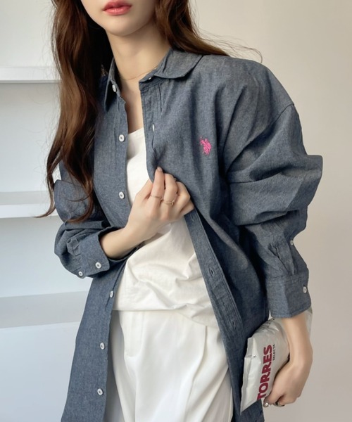 「U.S. POLO ASSN.」 長袖シャツ M ホワイト×ネイビー レディース_画像3