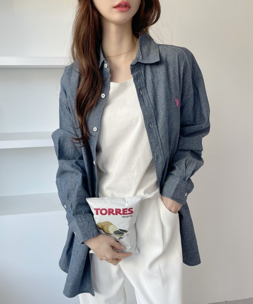 「U.S. POLO ASSN.」 長袖シャツ M ホワイト×ネイビー レディース_画像4