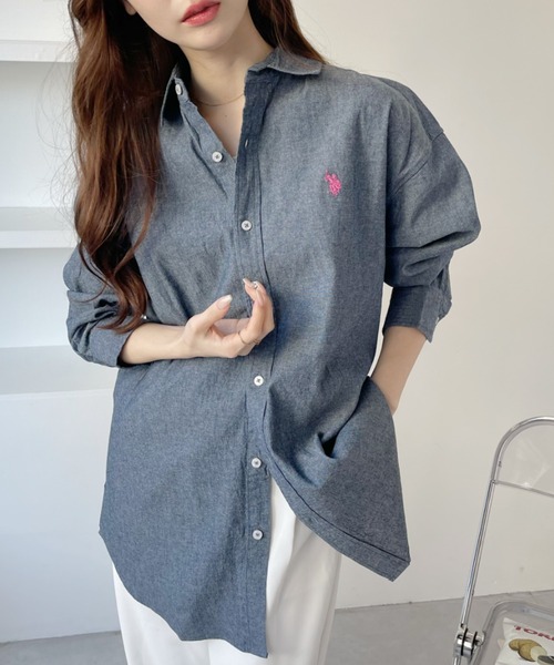 「U.S. POLO ASSN.」 長袖シャツ M ホワイト×ネイビー レディース_画像6