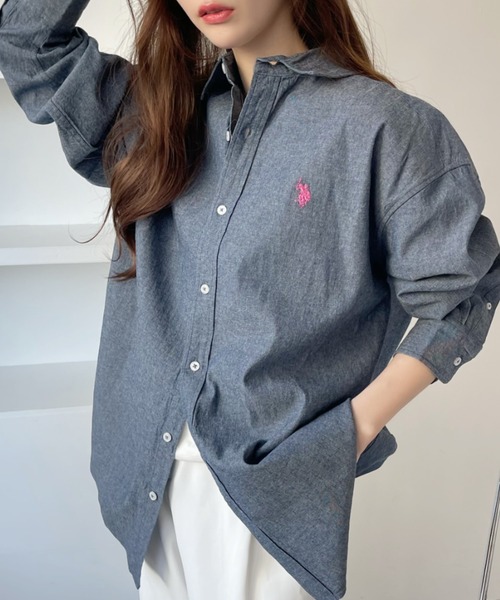 「U.S. POLO ASSN.」 長袖シャツ M ホワイト×ネイビー レディース_画像7