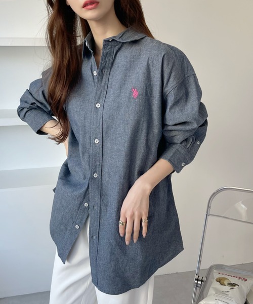 「U.S. POLO ASSN.」 長袖シャツ M ホワイト×ネイビー レディース_画像8