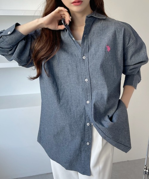 「U.S. POLO ASSN.」 長袖シャツ M ホワイト×ネイビー レディース_画像9