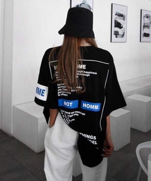 tシャツ 韓国ファッション HOMMEプリント半袖Tシャツ レディース