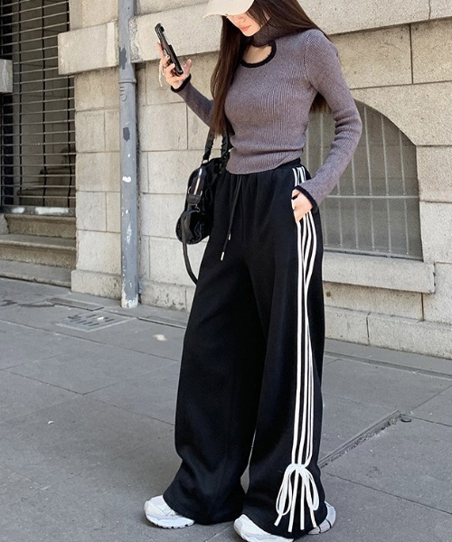 スウェットパンツ ジャージ ルーズストレート リボンデザイン ライン
