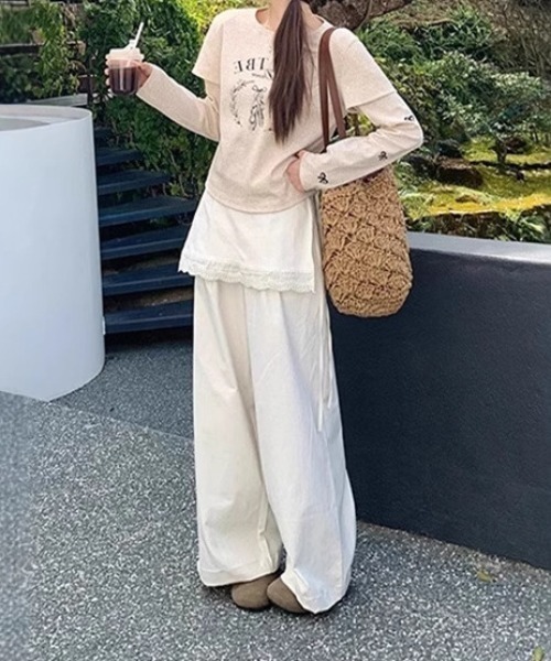 Leh (レー)  巻きスカートリネンパンツ LACーVERT パンツ レース付き巻きスカートパンツ レディース
