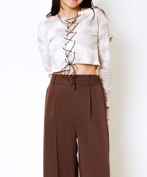 tシャツ 「編み上げ×ラメアクセント」レディース クロップドトップス