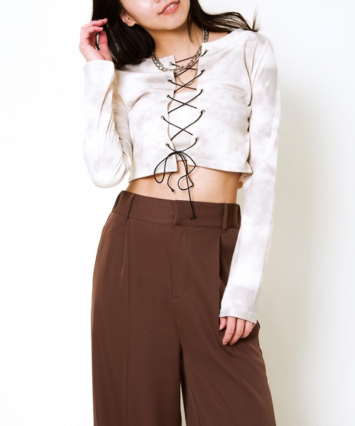 tシャツ 「編み上げ×ラメアクセント」レディース クロップドトップス