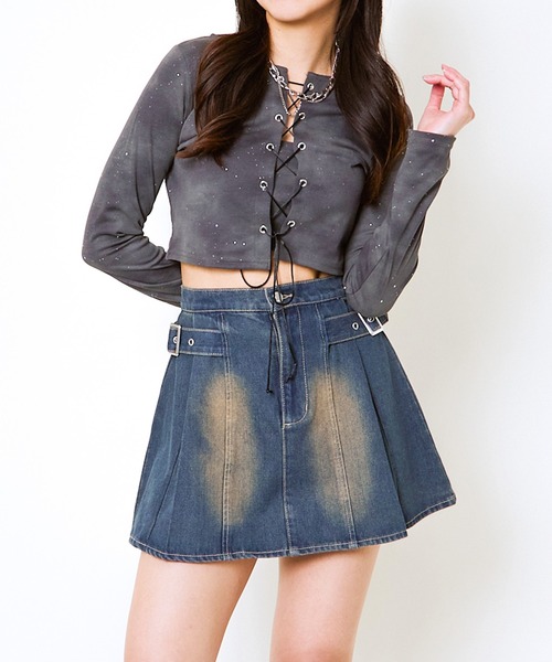 tシャツ 「編み上げ×ラメアクセント」レディース クロップドトップス