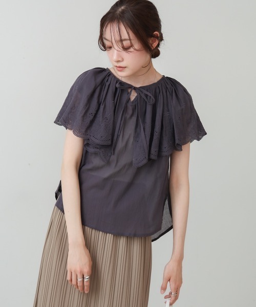 レース×コットンボイルシャツブラウス　Mサイズ BAB ブラウス シャツ コットンボイルパンチングレースブラウス