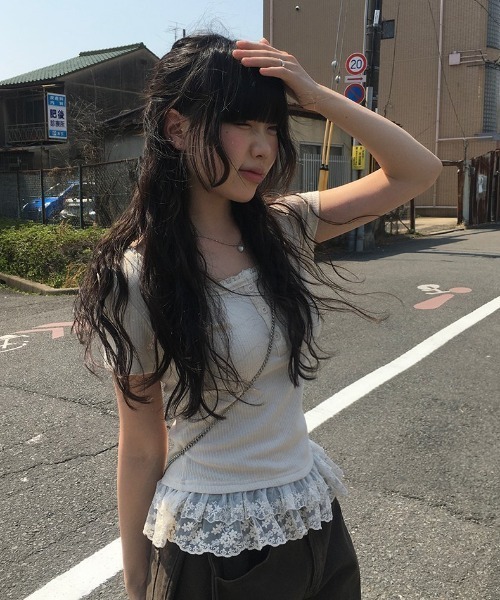 tシャツ 裾ティアードレースフリルボタン半袖Tシャツ レディース