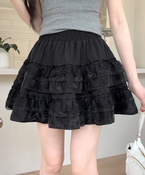 ANDWANG フリル黒ミニスカート Charm Frill Culotte Mini Skirt（スカート）｜andwang（アンドワン