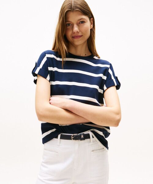 tシャツ ゴールドボタンクルーネックショートスリーブTシャツ レディース