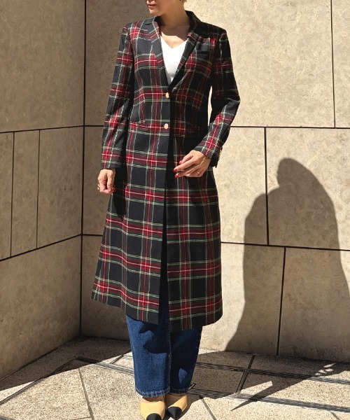 コート アウター チェックモダンロングジャケット レディース