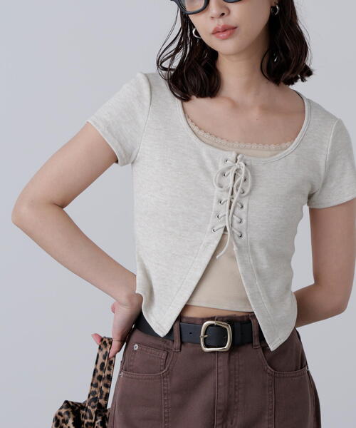 tシャツ レースアップレイヤードカットソー レディース