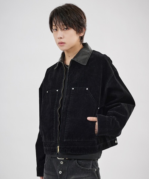1 新品 PGG 定3.4万 デニムライク バンドカラー シャツジャケット デニムジャケット gジャン 「SET-UP着用可能」合成皮革カラー