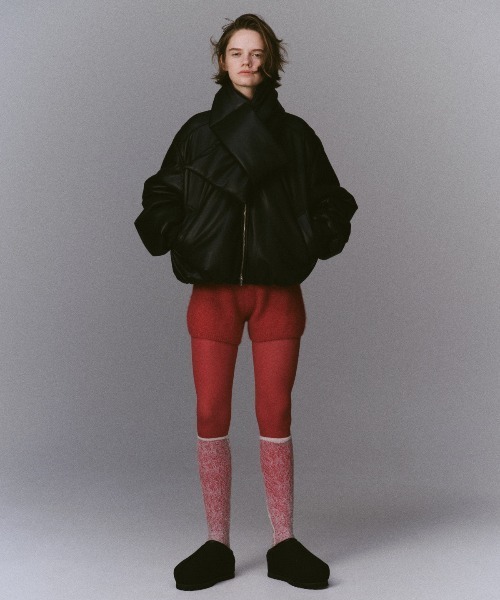 ブルゾン アウター Leather Puffer Jacket With Muffler / マフラーセットレザーパッファーブルゾン レディースの画像