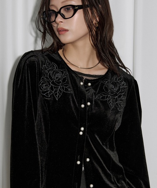 Ezick カーディガン rose velours cardigan ローズ刺繍パールベロア