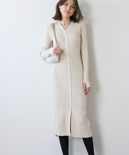 新品タグ付 BOSS ♡ 美シルエット ストレッチワンピース アイボリー系白 a lot of love ワンピース 前ボタン スリムシルエットワンピース