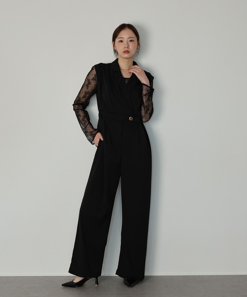 ジェーバイブルー（J by blue）/テーラードオールインワンパンツドレス+ジャガードチュールトップス 結婚式 パーティードレス 成人式 J by blue（ジェイバイブルー） パンツドレス テーラード