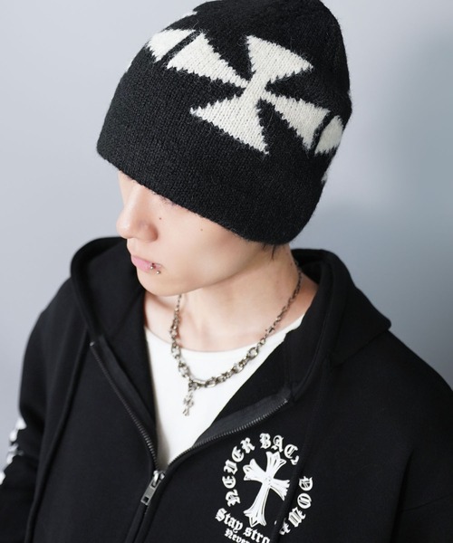 ニット帽　ビーニー　クロス　クロスモチーフ ニット帽 ニットキャップ 「Never mind the XU」cross beanie