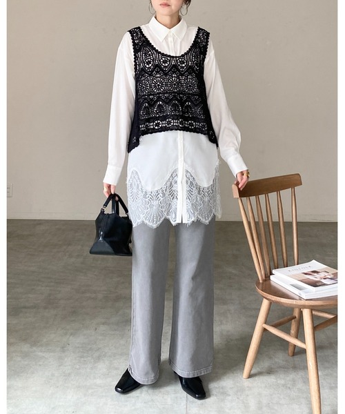 She's Closet ベスト ジレ ショート丈 深Vネック 花柄 かぎ編み
