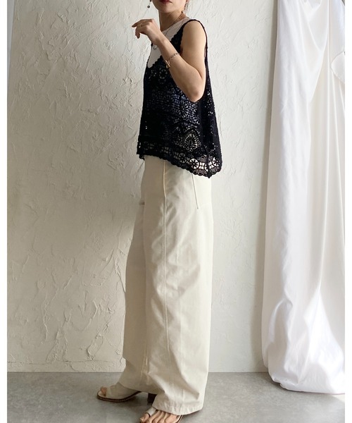 She's Closet ベスト ジレ ショート丈 深Vネック 花柄 かぎ編み