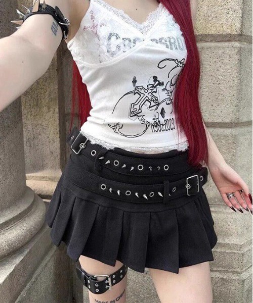 gossip!ロサンゼルス スカート Y2Kダブルベルト プリーツ ミニスカート