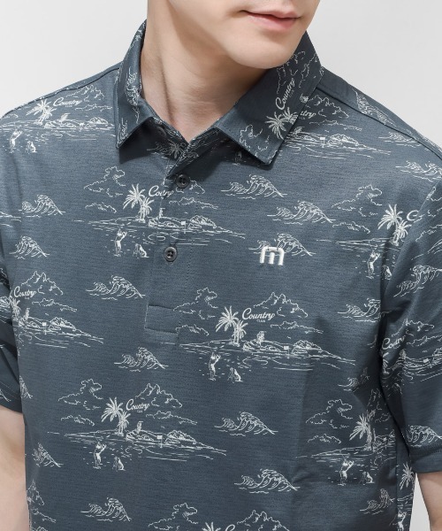新品 トラヴィスマシュー 半袖シャツ 総柄 グレー XLサイズ ポロシャツ 半袖 トラヴィスマシュー TravisMathew メッシュ素材半袖総