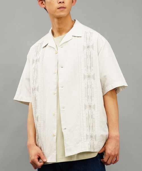 PENDLETON キューバシャツ 刺繍 ベージュ L PENDLETON（ペンドルトン） シャツ 半袖 キューバシャツ 半袖シャツ 麻