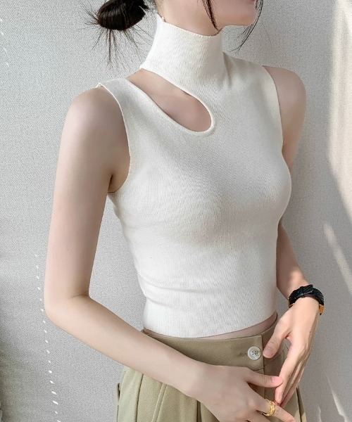 Achic ニット セーター カットハイネックニットノースリーブ