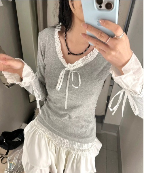 tao フリルリボン前開きカットソー ALMO tシャツ フリル切替リボンカットソー(BQ) レディース : ZOZOTOWN