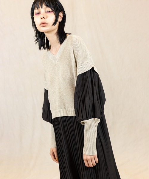 【 ⑅⃝TOTO】OSMOSIS プリーツパンツ & ニット切替ブラウス 楽天市場】ニット切替プリーツプルオーバー／オズモーシス