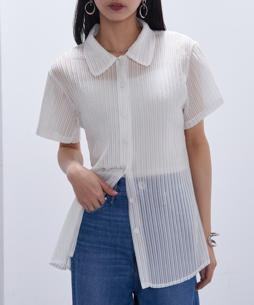 ブラウス シャツ 「Gongdid Design」Organza pleated shirt シアープリーツシャツ レディース