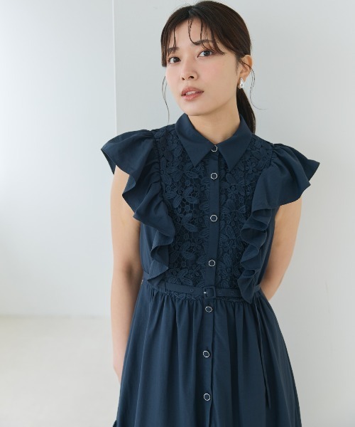 And Coutureワンピース コットンレースフリルシャツワンピース　ネイビー アンドクチュール AND COUTURE コットンレースフリルシャツ