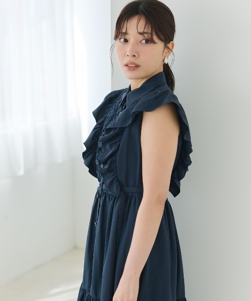 And Coutureワンピース コットンレースフリルシャツワンピース ネイビー And Couture ワンピース コットンレースフリルシャツワンピース
