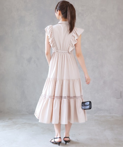 And Coutureワンピース コットンレースフリルシャツワンピース　ネイビー アンドクチュール AND COUTURE コットンレースフリルシャツ