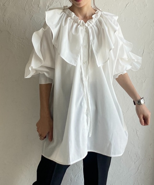 ブラウス シャツ ノーカラーリボンチュニック レディース She's Closet ブラウス シャツ ビッグカラーギャザー半袖リボン