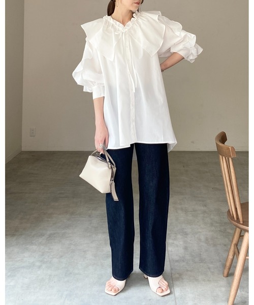 She's Closet ブラウス シャツ ビッグカラーギャザー半袖リボン