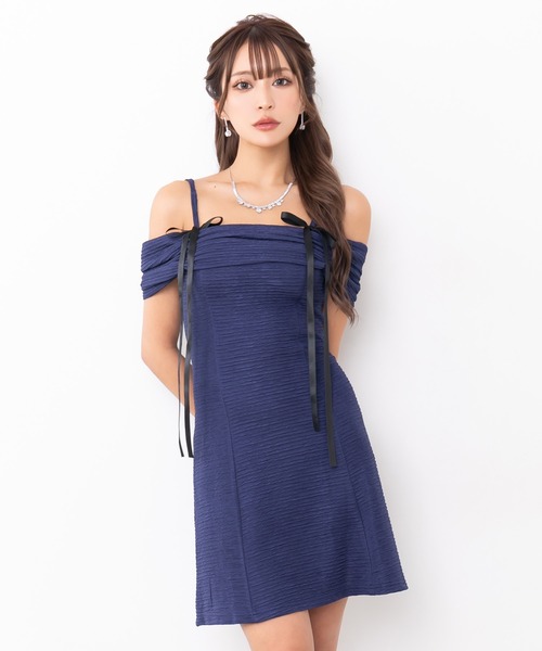 Tika ドレス キャバドレス 肩あきオフショルダーリボンワッフル