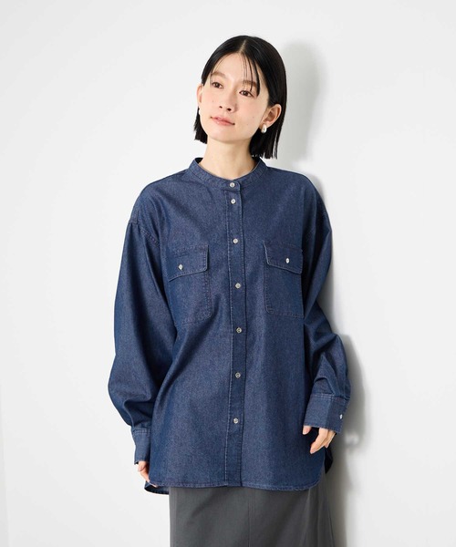 ネストローブ デニム バンドカラーシャツ インディゴ ゆったり 美品希少 ブラウス シャツ Idnes Denim Band-Collar Shirt/デニムバンドカラー