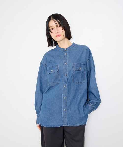 ブラウス シャツ Idnes Denim Band-Collar Shirt/デニムバンドカラー