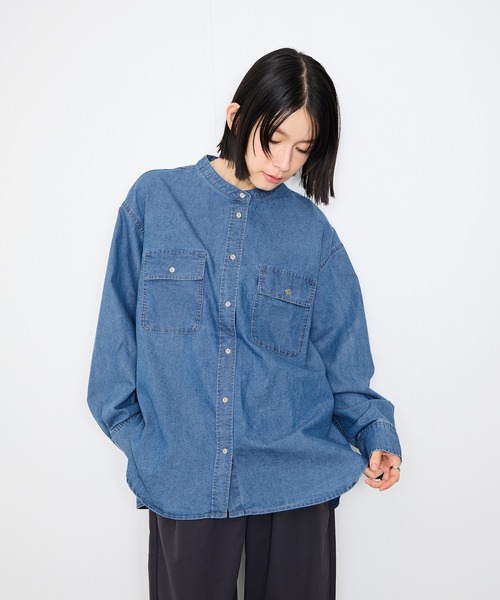 ブラウス シャツ Idnes Denim Band-Collar Shirt/デニムバンドカラー