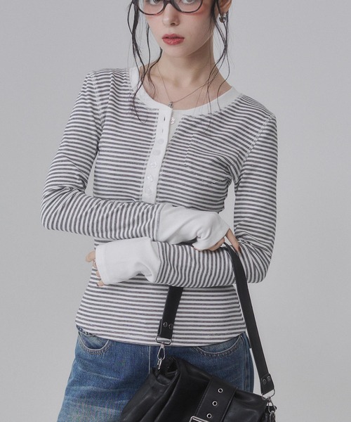 ENVYM（アンビー） ヘンリーネック tシャツ ヘンリーネックボーダー