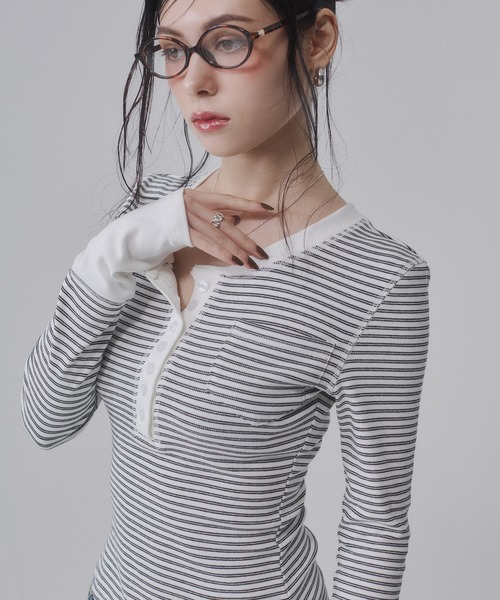 ENVYM（アンビー） ヘンリーネック tシャツ ヘンリーネックボーダー