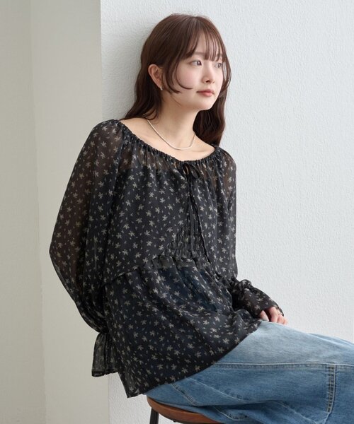 mystic 花柄シアーブラウス ブラック mystic（ミスティック） ブラウス シャツ シアーフラワーキャミボレロ