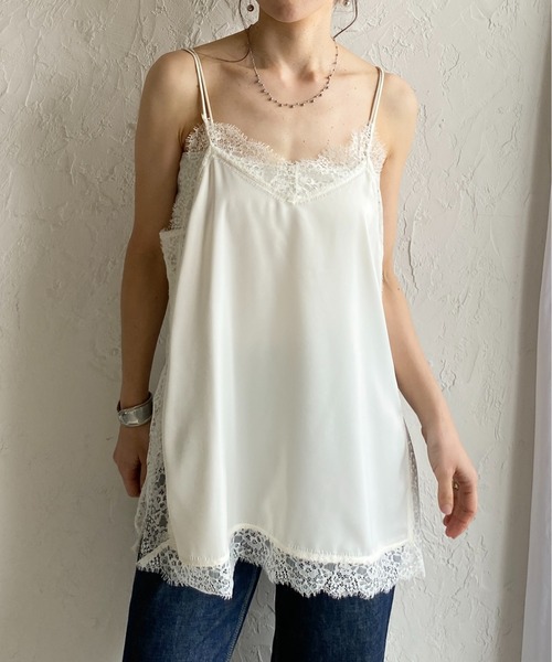 今日だけ500円値下げ IAM イアム サテン レース キャミソール ホワイト She's Closet キャミソール ロング丈 サイドスリット 裾 サテンレース