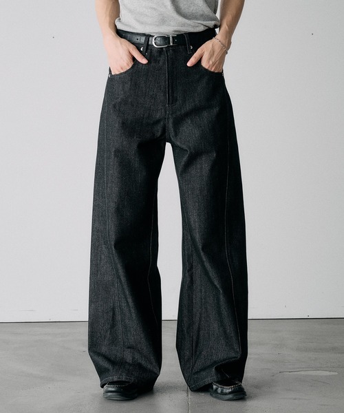音楽プリント スリムフィットデニム Adoon plain ワイドパンツ ジーンズ SLIM FIT CURVED RIGIT DENIM