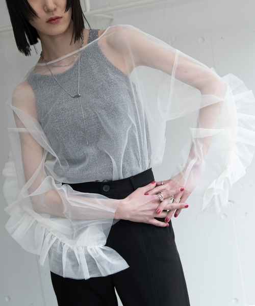 tシャツ Tシャツ 袖フリルチュールシアートップス レディース