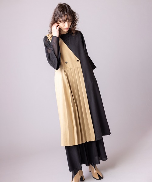 OSMOSIS ベスト ジレ アシンメトリープリーツロングジレ